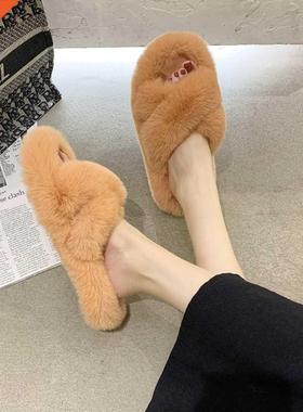 Women's Winter Fur Home Slippers Cross Belt Warm Plush Shoes