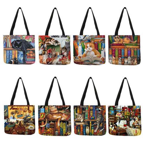 Customize Oil Painting Cat Print Womens Designer Tote Bags L
