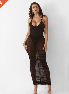 See Through Mesh Pleated Skirt for Beach Bikini Cover-Ups Wo