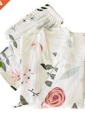 Rose Printed Ladies Kiono Style Pajaas Set Loose Thin V-Ne