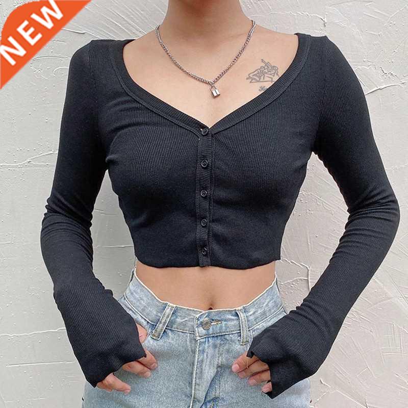 Women Long Sleeve Crop Tops Sexy Deep V Neck Basic Solid Bla