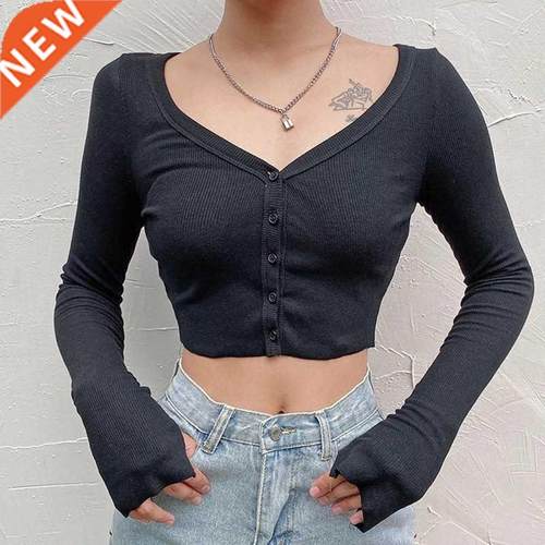 Women Long Sleeve Crop Tops Sexy Deep V Neck Basic Solid Bla