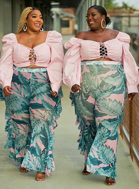 L-4xl large mesh printed beach flounces casual pants大码裤
