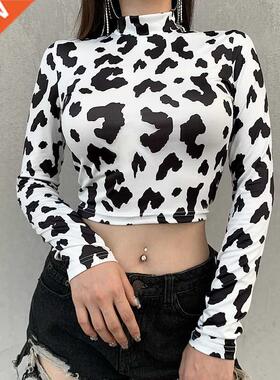 Sexy Women Milk Cow Pattern Print Crop Top Female Long Sleev