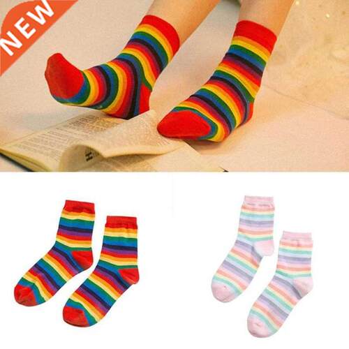 2019 new women socks 1 pair long cotton rainbow color stripe
