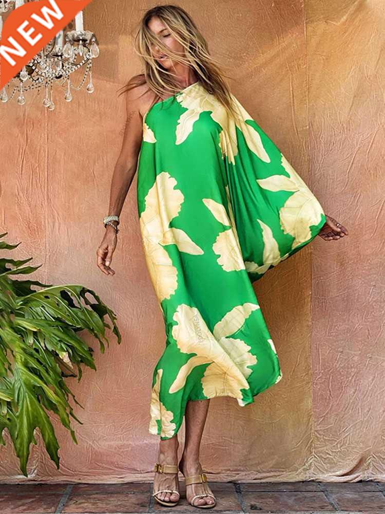 Green Boho Printed Off Shoulder Kaftan Sexy Bikini ver-ups P