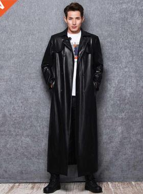 Lautaro Long black leather trench coat men long sleeve doubl