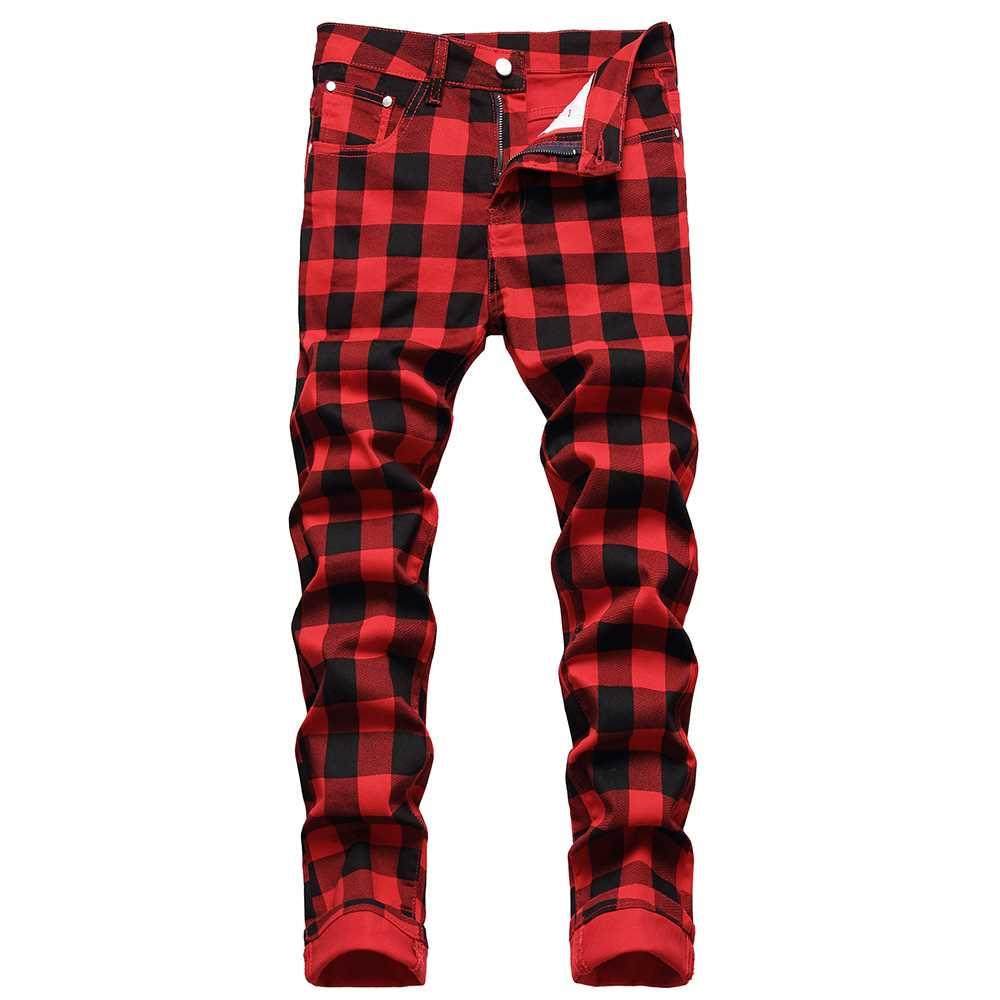 Men Red Plaid Printed Pants Fashion Slim Stch Jeans ndy Plus