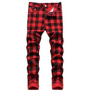 Men Red Plaid Printed Pants Fashion Slim Stch Jeans ndy Plus