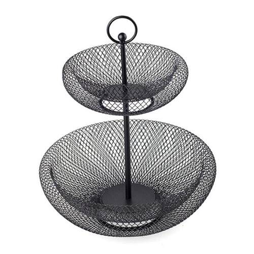 2 Tier Fruit Basket Bowl Storage Metal Cast Iron Counter Han