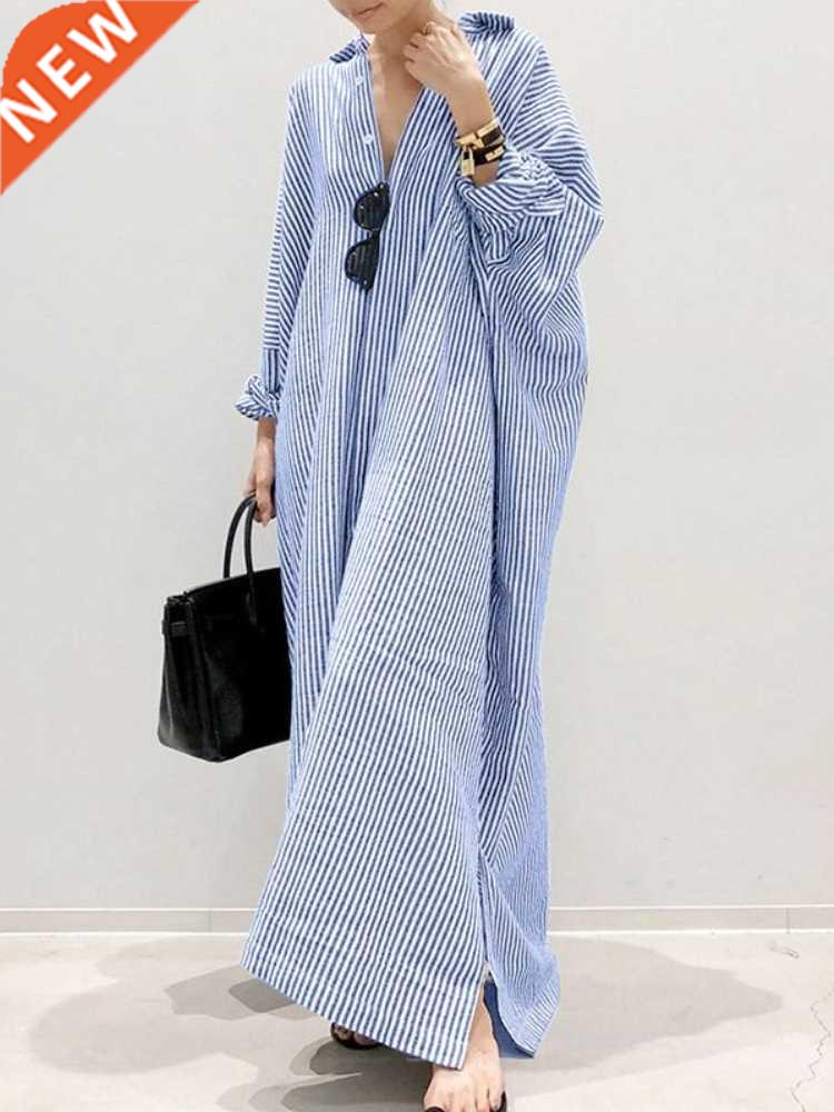 Summer New Dress Fashion Cotton Linen Striped Cardigan Loose