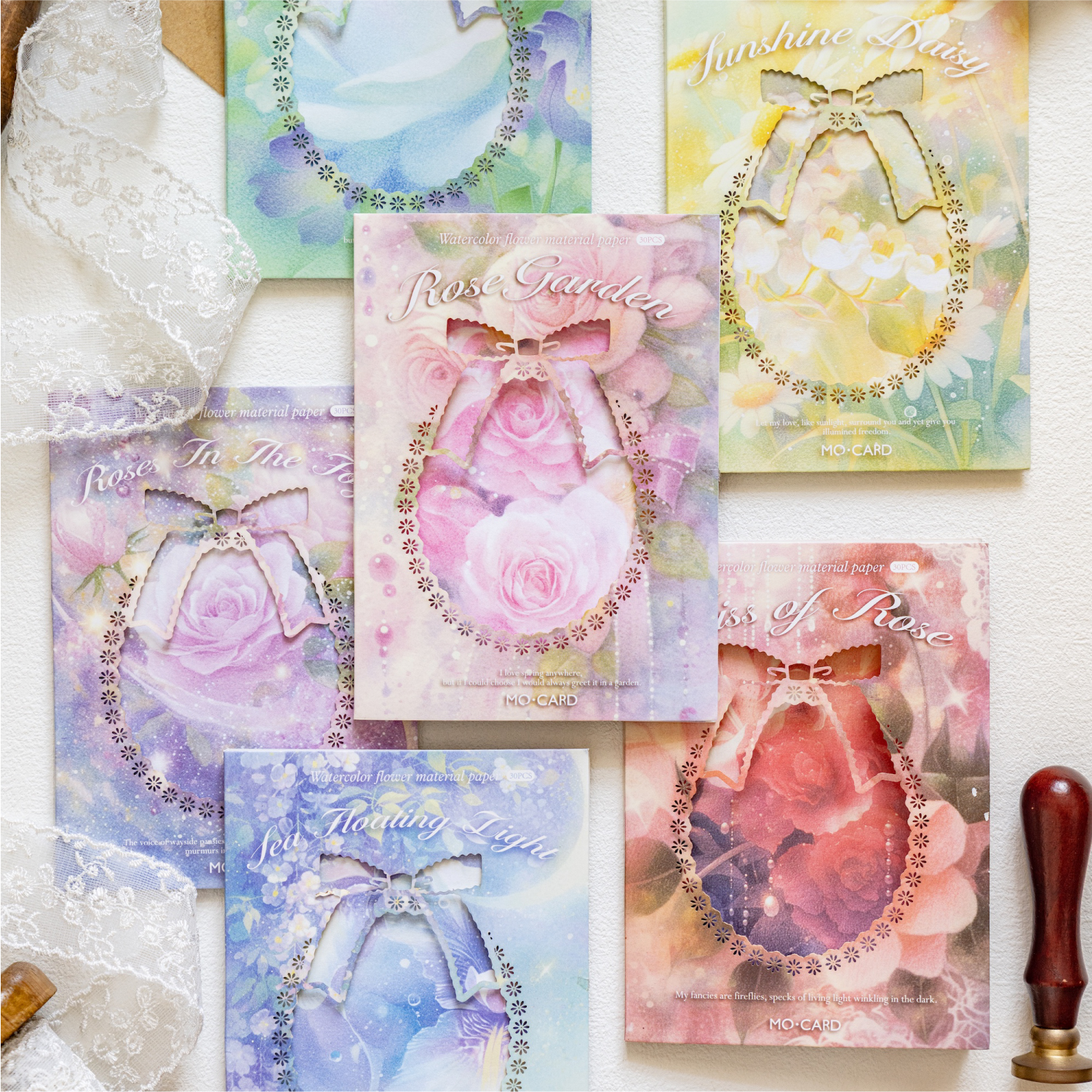 陌墨月坠花眠系列六款白牛皮纸素材纸无粘性ins风高颜值文艺简约小清新复古梦幻玫瑰猫咪打底手帐diy装饰素材