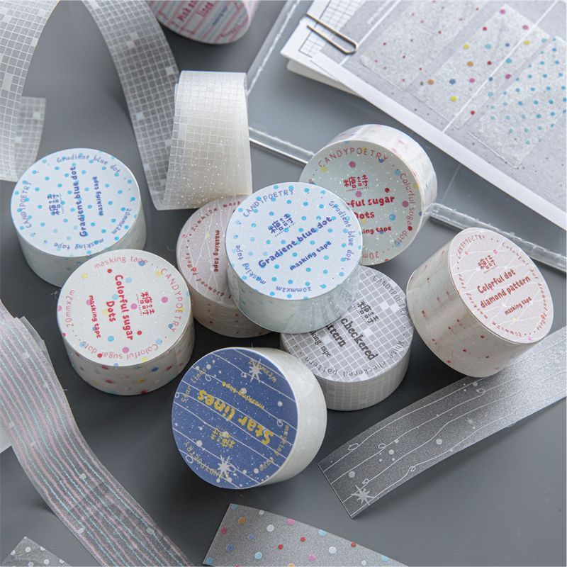 奶盐纪事透明闪砂PET手帐胶带 ins盐系简约圆点网格线条diy手帐咕卡防水手机壳拼贴透明图案diy装饰素材胶卷