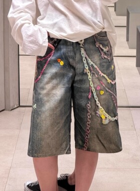 Ac风格 3D数码糖果印花链条牛仔裤猫须做旧七分裤阔腿直筒短裤子