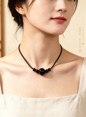 天然黑曜石转运珠项链女情侣高级感锁骨链颈链男七夕情人节礼物
