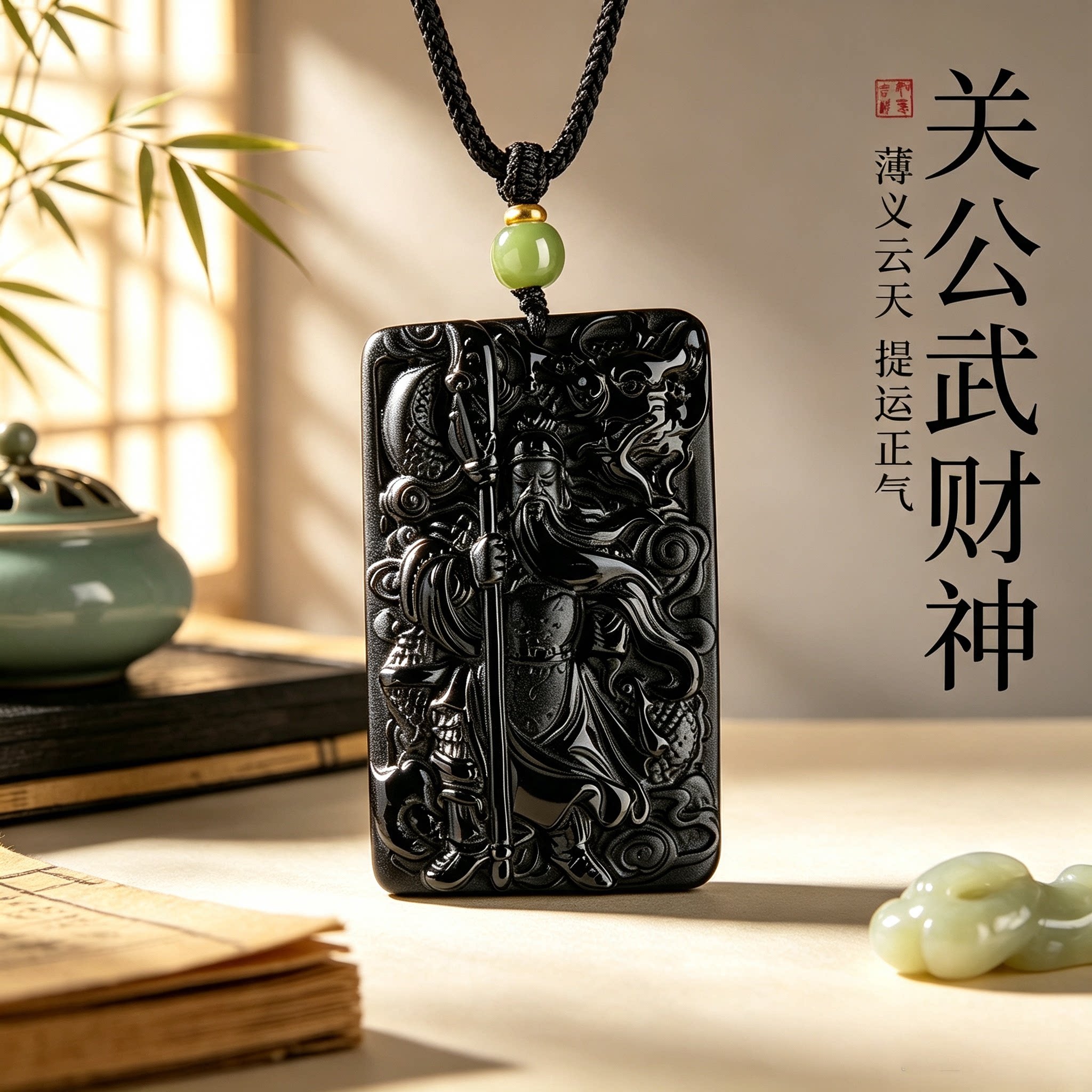 正品天然黑曜石关公霸气吊坠男招财武财神关羽关二爷护身挂件饰品