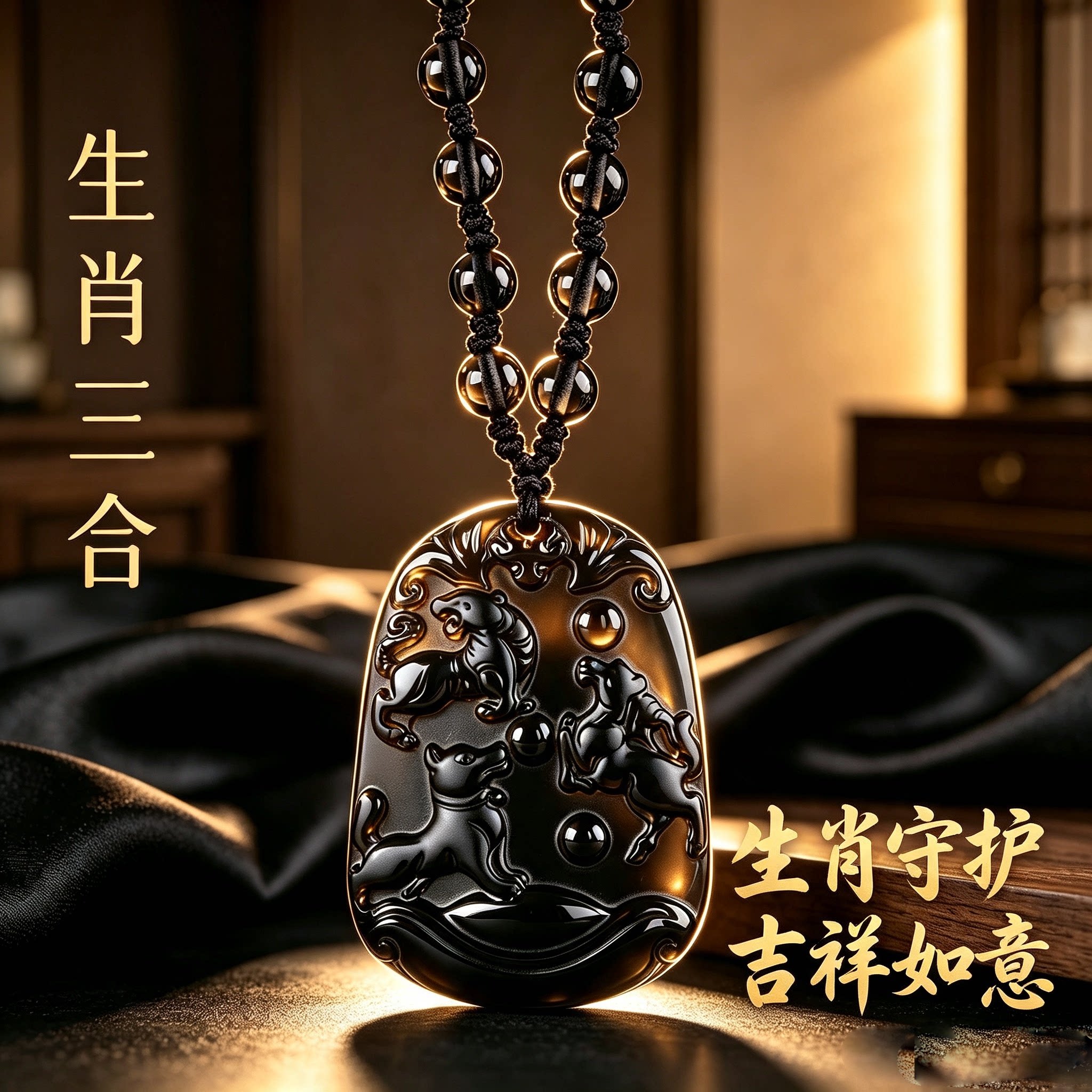 天然冰种黑曜石三合吊坠生肖猴鼠龙本命年转运护身符项链男女款