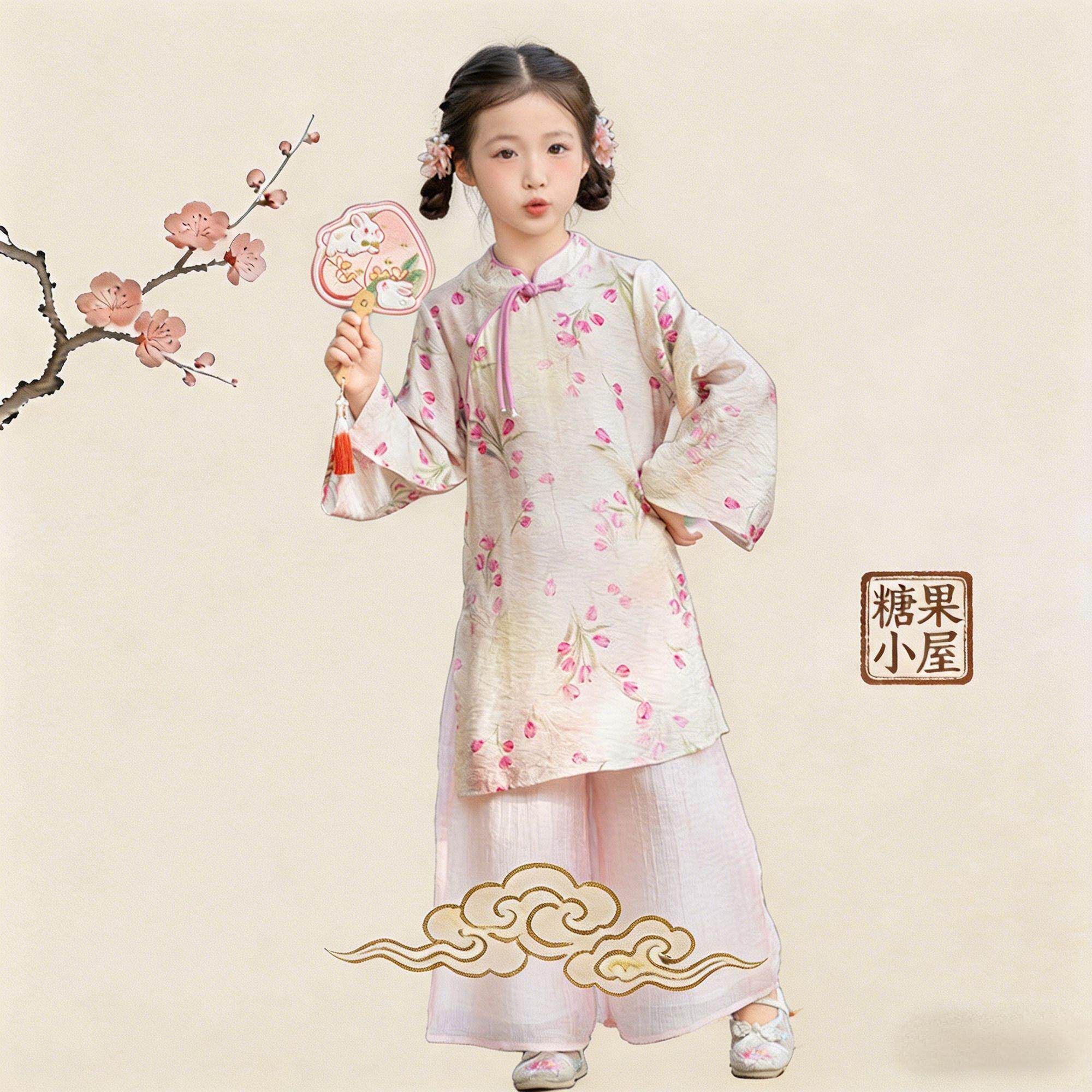 超仙公主女童唐装古风中式国风旗袍粉色桃花六一表演古典儒裙汉服