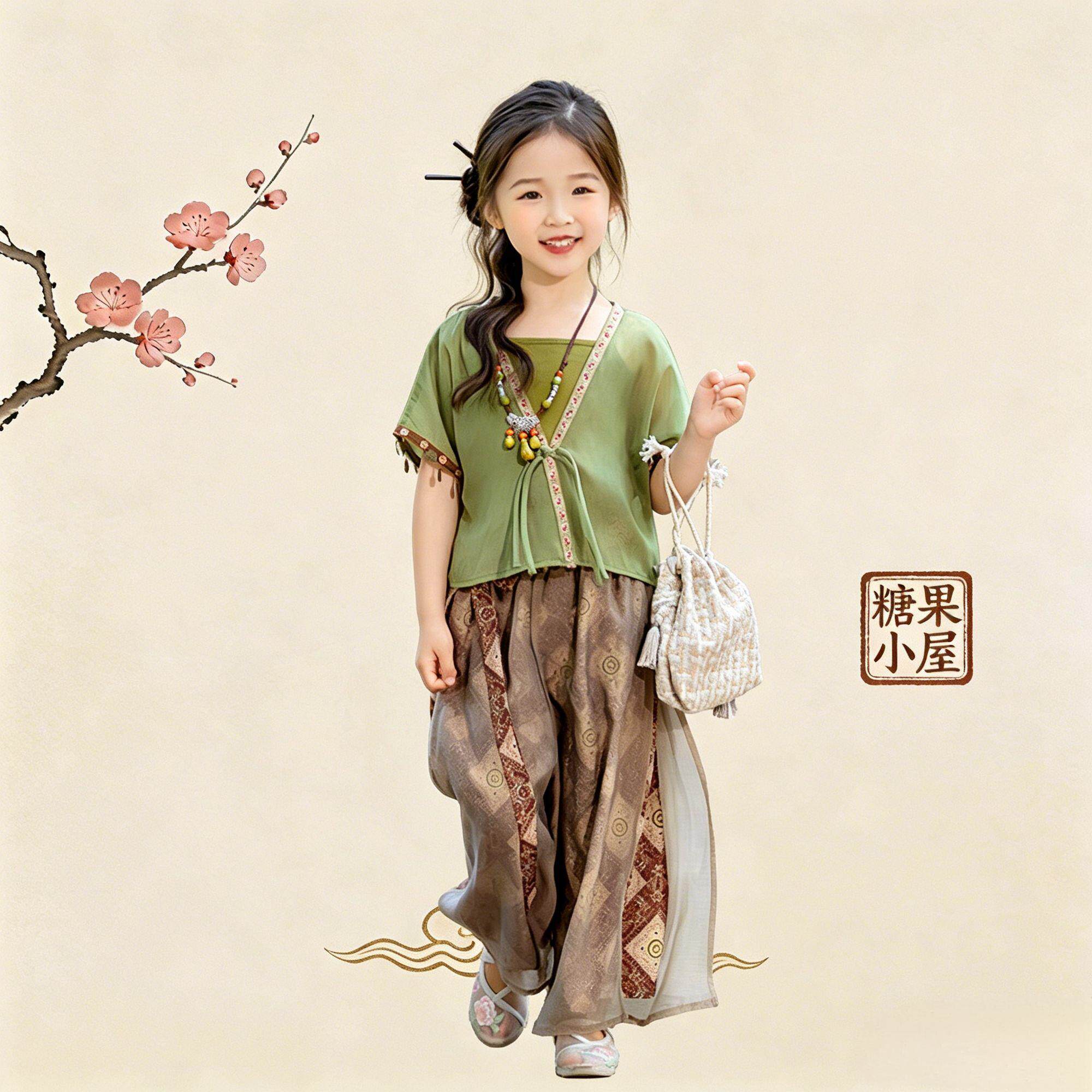 女童唐装夏季新中式汉服开衫印花半身裙森系民族风古风六一演出服