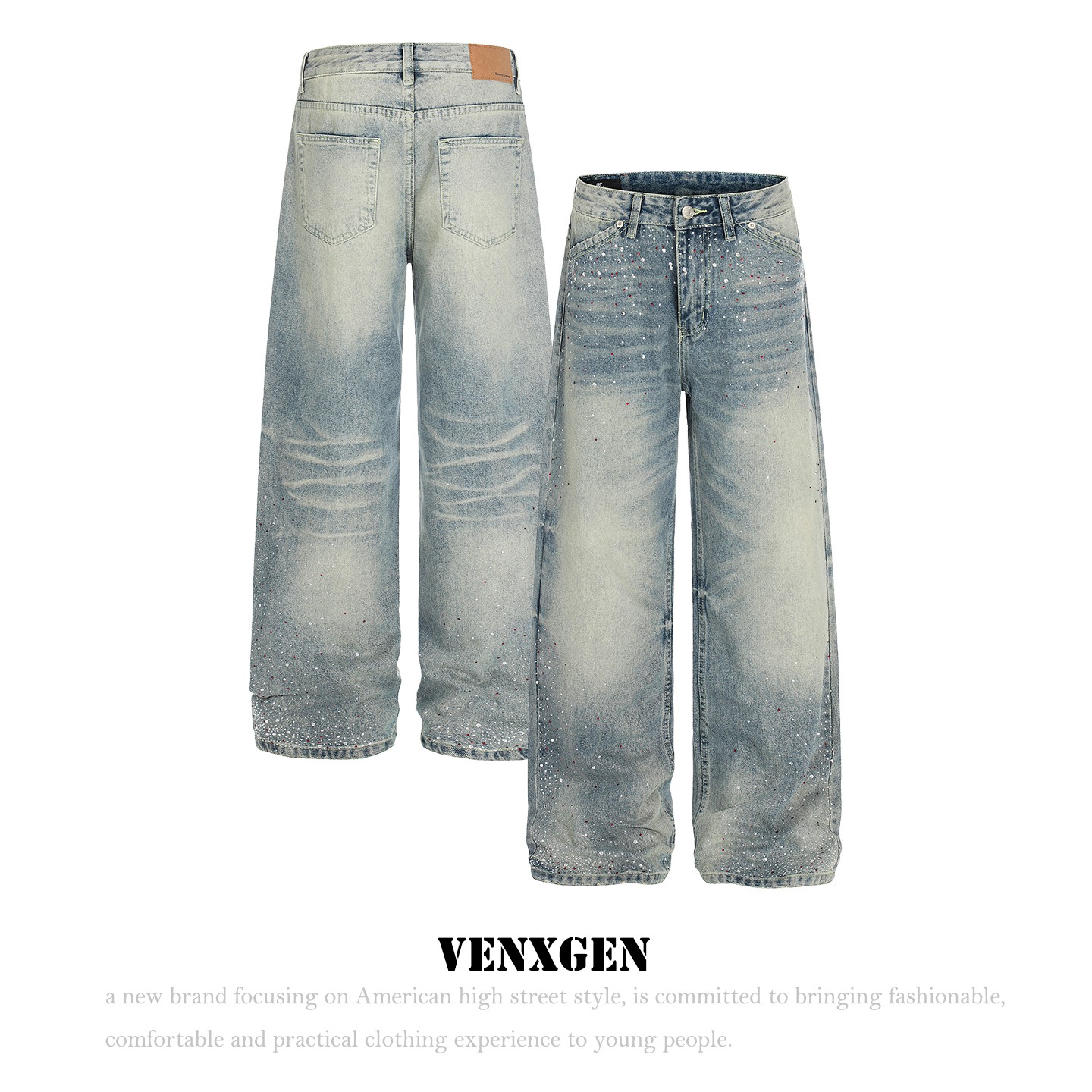 美式高街烫钻水洗做旧牛仔裤男