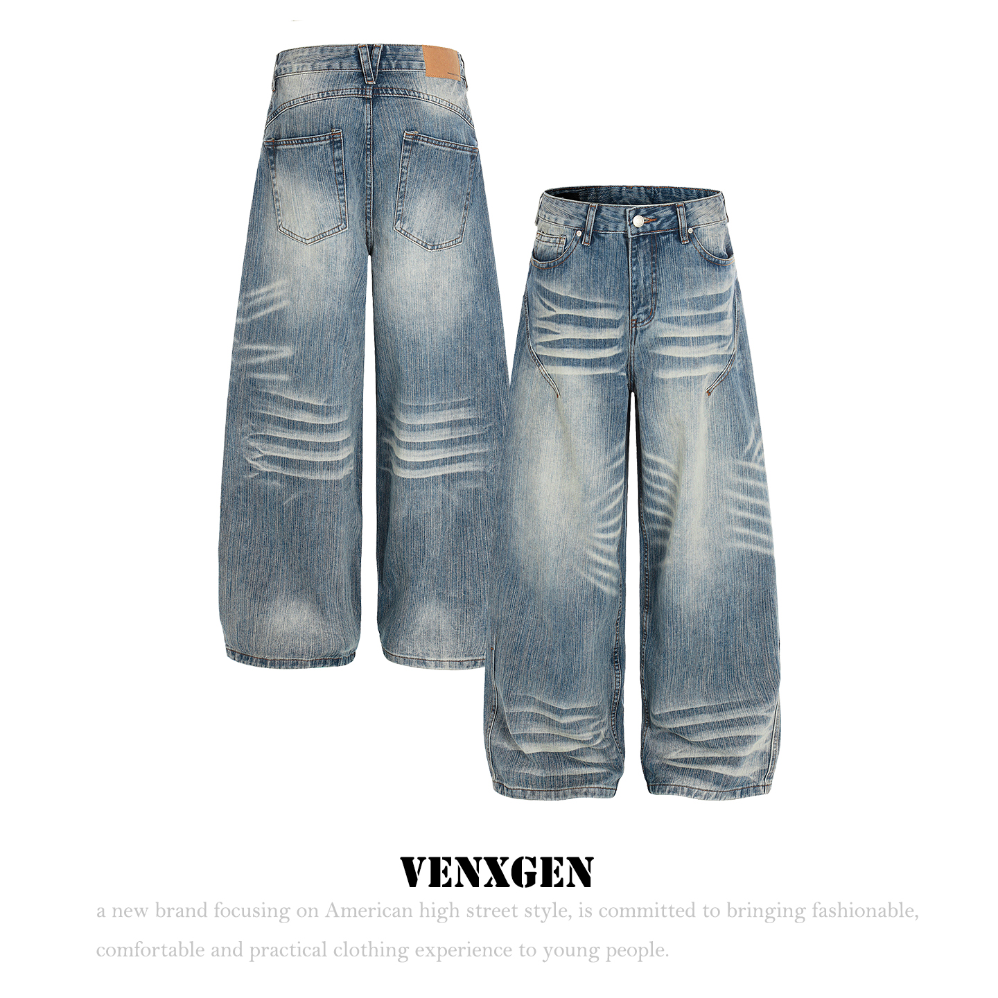 美式复古猫须做旧阔腿牛仔裤男