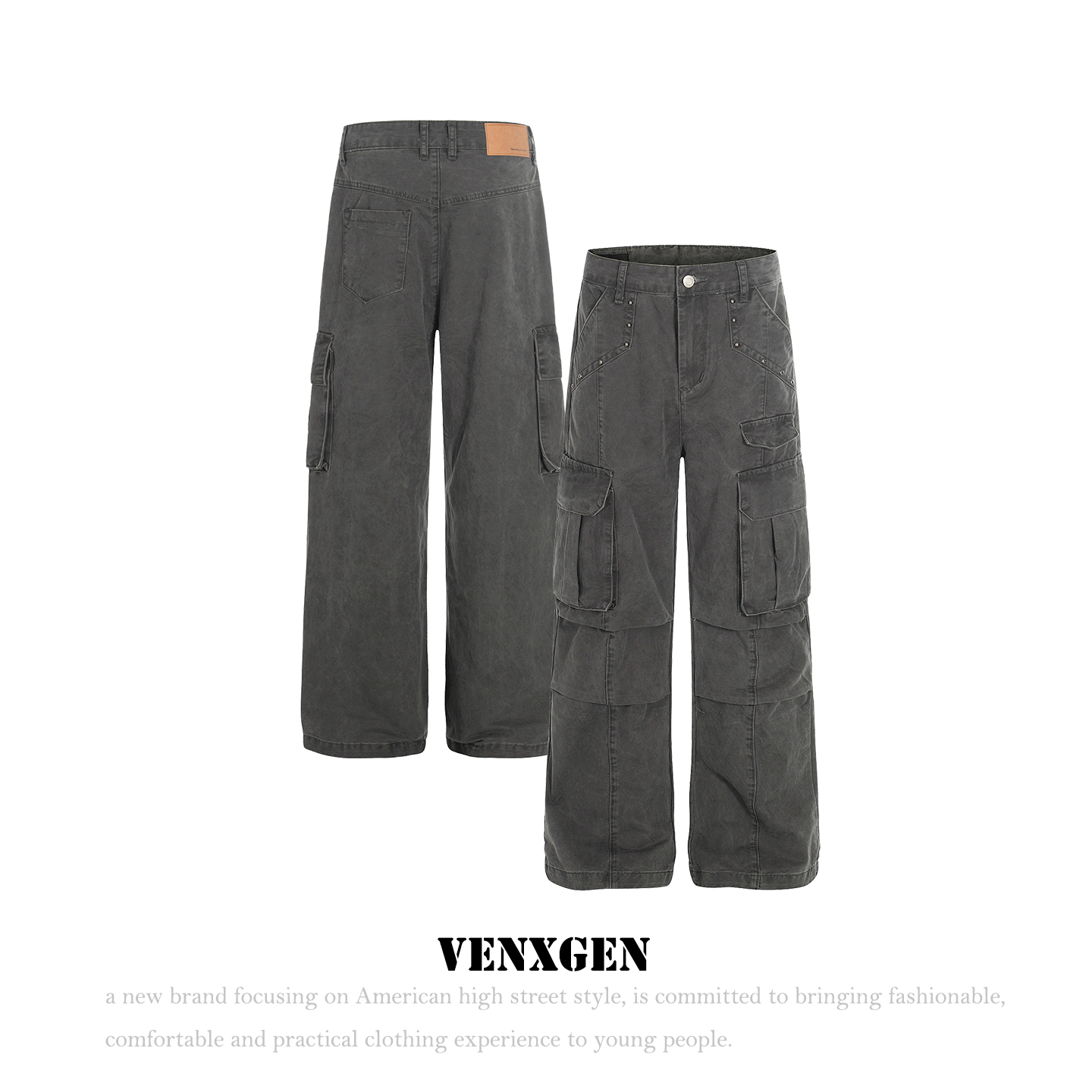 美式休闲水洗铆钉工装牛仔裤男