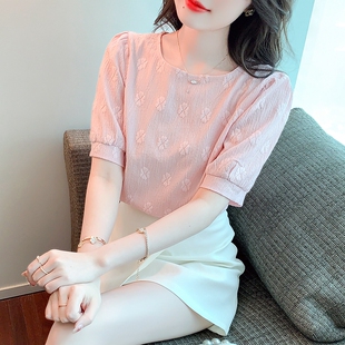 粉色泡泡袖雪纺上衣女2026夏新款韩版别致设计感小众短袖衬衫