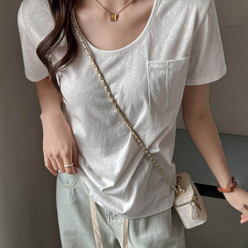 2026新款雪花棉正肩短袖t恤女夏季内搭打底衫设计感小众纯色上衣