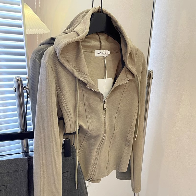 修身收腰短款双头拉链连帽薄款卫衣开衫帽衫外套女外贸跨境韩单