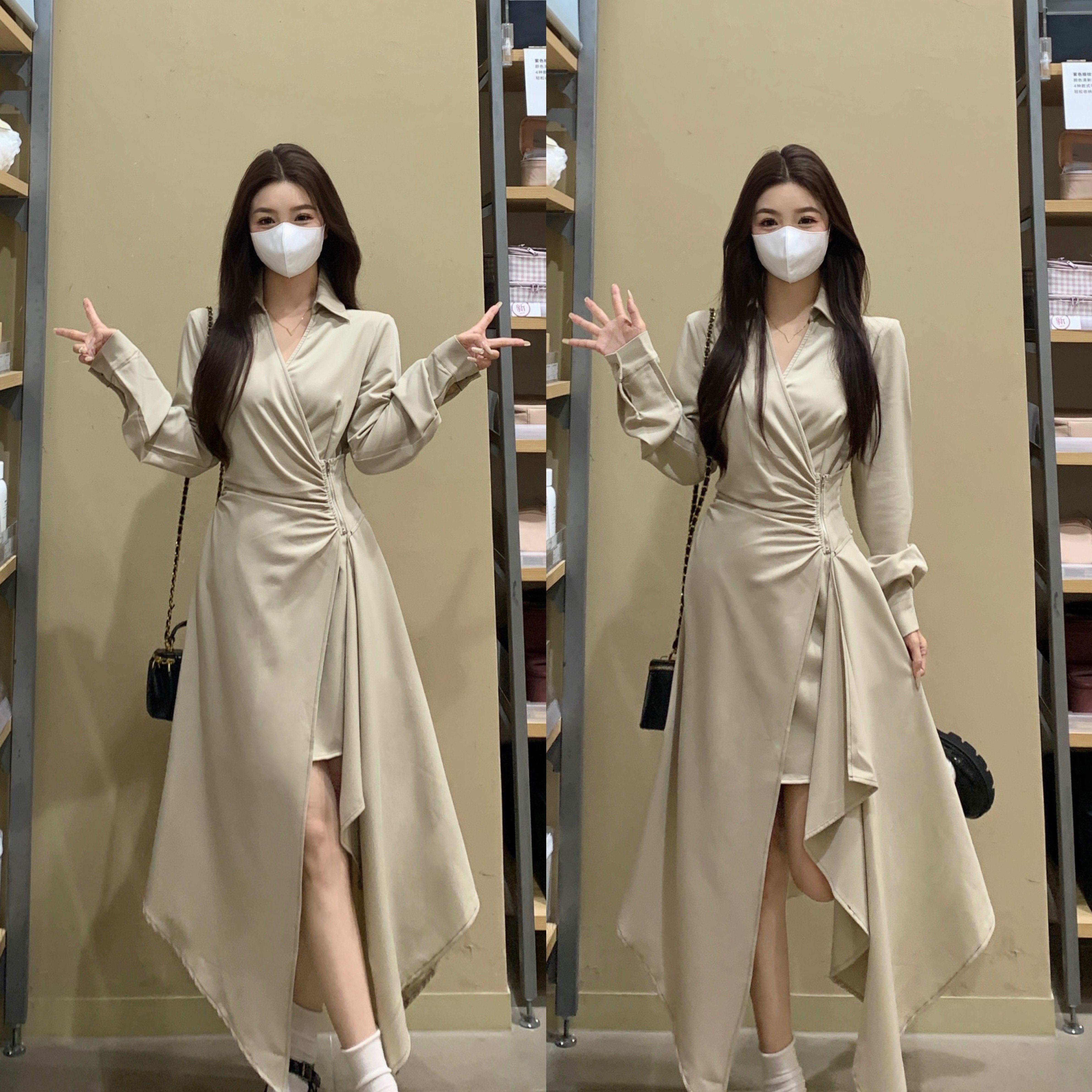 实拍~大码女装不规则连衣裙春装新款气质法式高级感长袖度假裙子