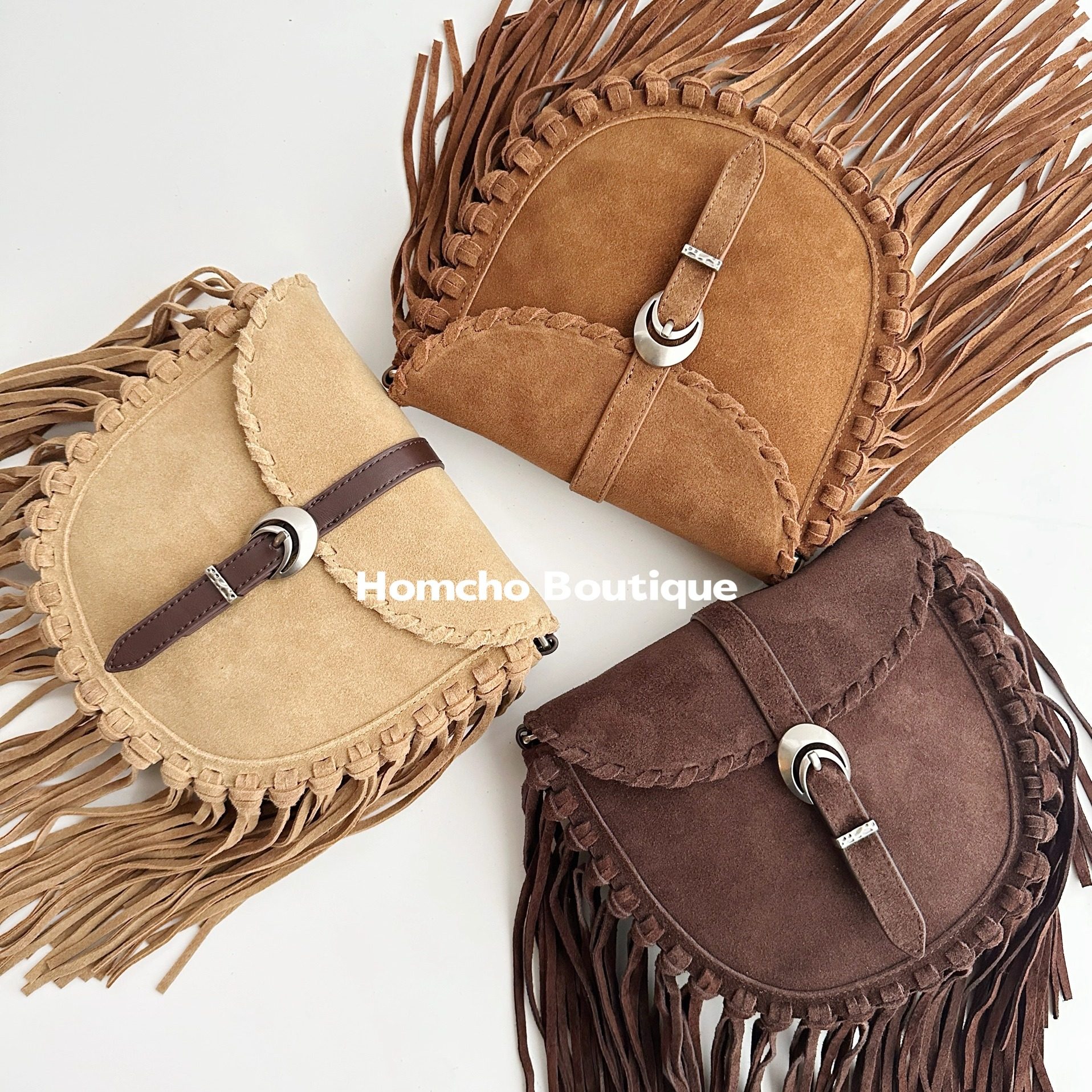 游牧民族风新款秋冬麂皮头层牛皮美拉德撞色流苏马鞍单肩斜挎女包