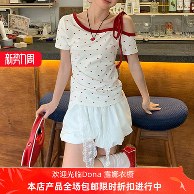 爱心印花白色斜肩短袖t恤女夏季新款绑带设计感修身显瘦甜辣上衣