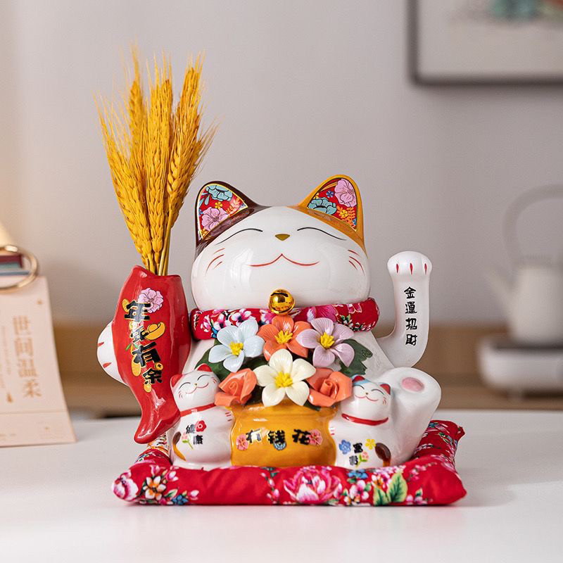 国潮陶瓷手捏花摇手招财猫家居客厅装饰店铺收银台开业礼品