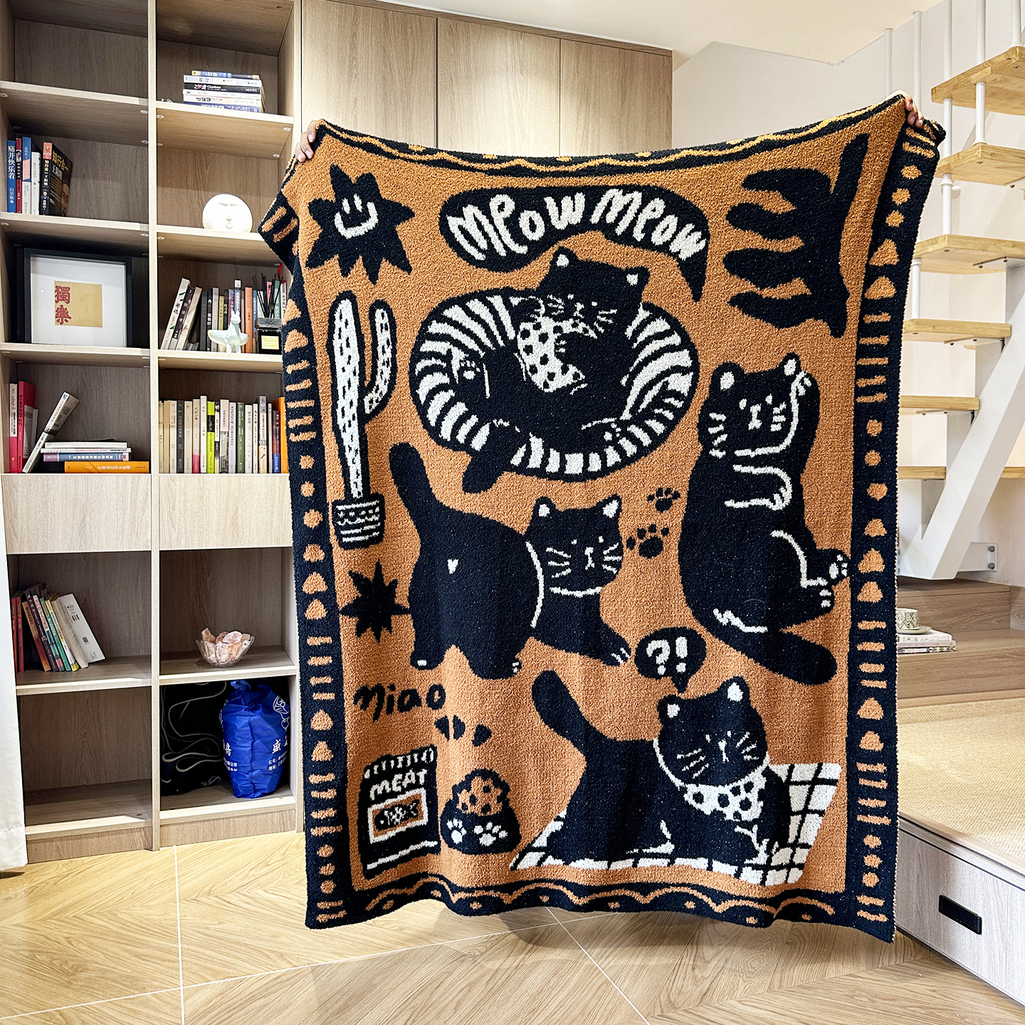 咖啡猫针织半边绒毛毯