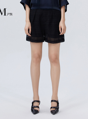 IMM尹默女装夏季混纺黑色假两件直筒短裤