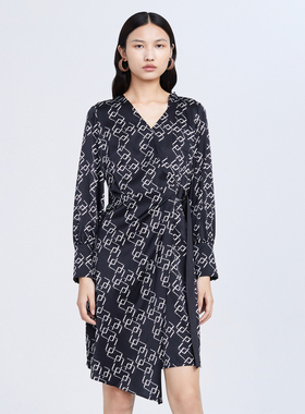 IMM尹默女装春秋黑色蚕丝不规则收腰女连衣裙