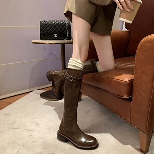 复古水洗长筒靴女骑士靴侧拉链加宽加绒胖mm大码41-43