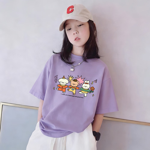 女童纯棉短袖T恤潮流时尚卡通童装上衣女孩百搭休闲圆领t恤半袖潮
