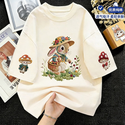 女童纯棉短袖T恤夏装新款仿刺绣卡通兔子中大童女孩儿半袖上衣服3