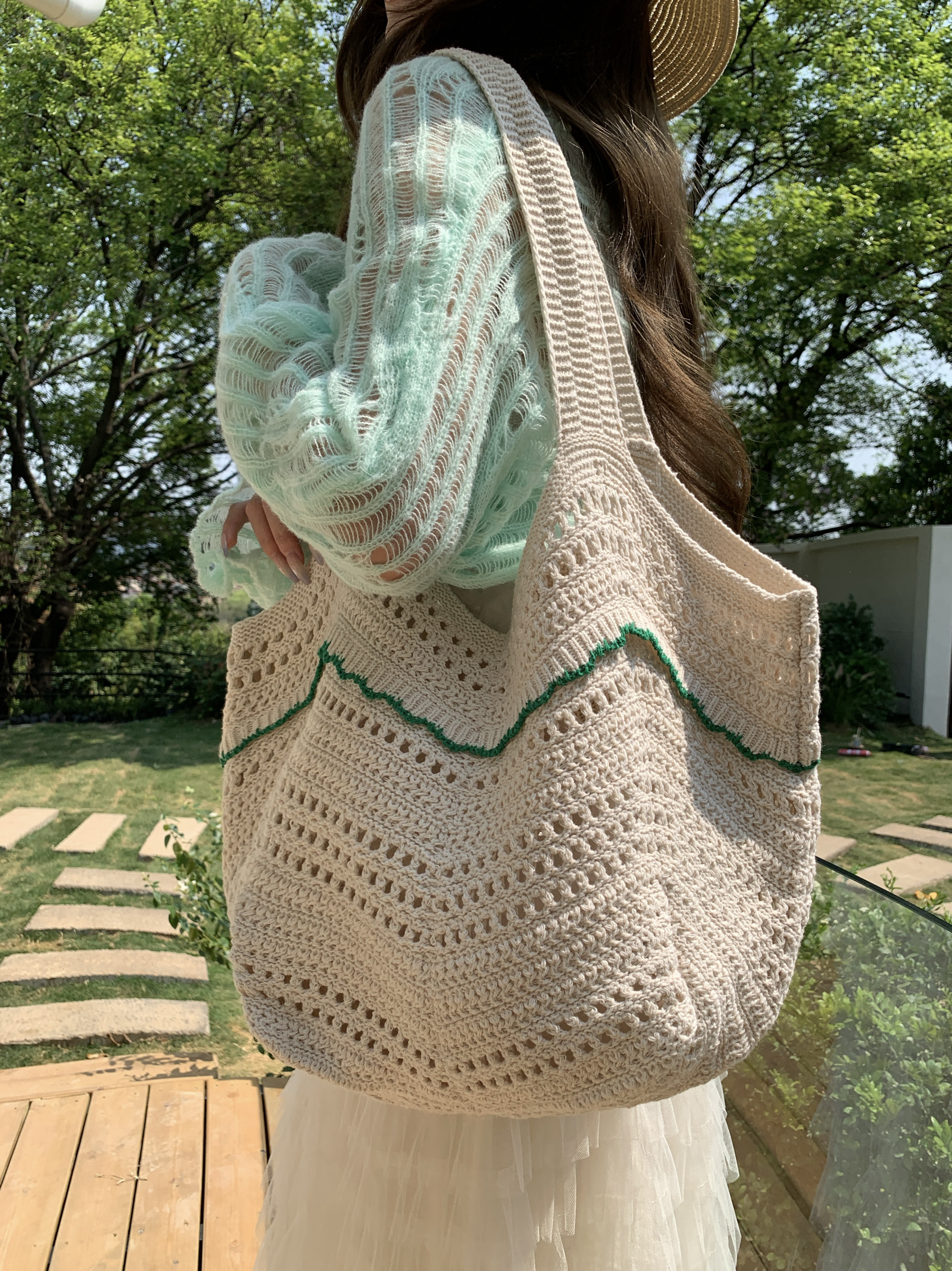 理理我｜白茶织梦～撞色花边手工针织包包镂空编织包沙滩度假包包