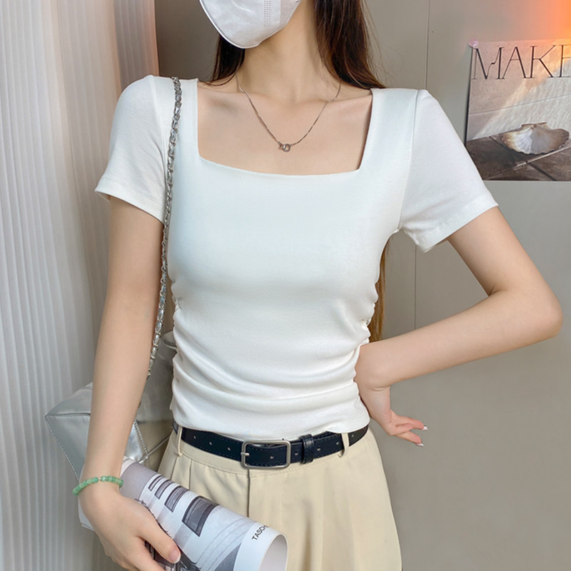 白色百搭方领短袖t恤女修身紧身打底衫内搭上衣