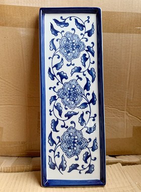 青花陶瓷长盘摆件客厅茶几玄关软A装家居饰品摆设长盘陶瓷盘青花