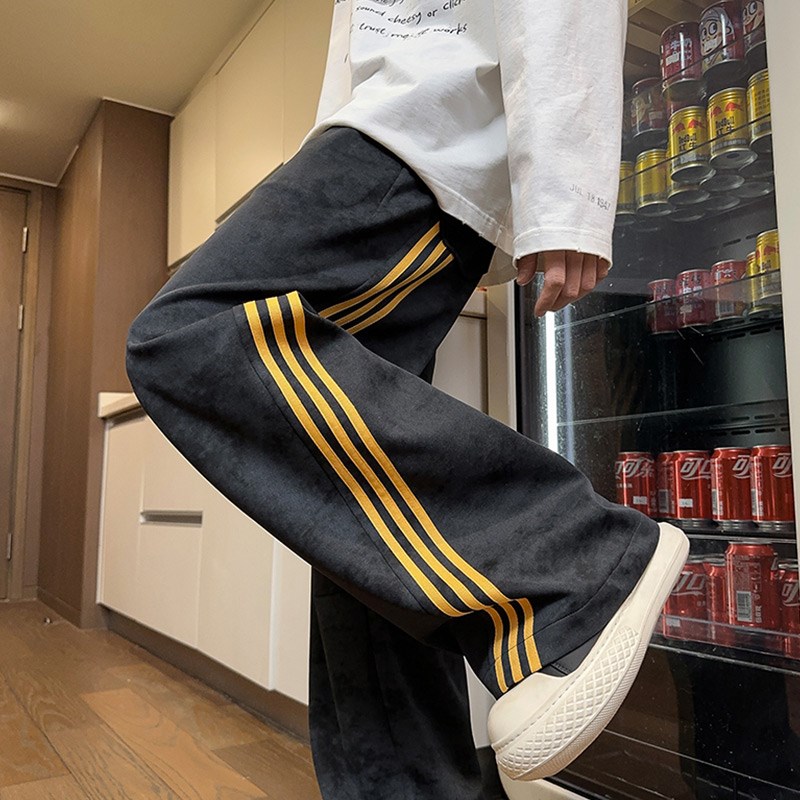 特大码300斤黑色条纹扎染阔腿卫裤男女秋冬加绒加厚宽松直筒裤子2