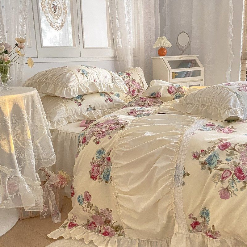 法式浪漫宫廷四件套纯棉褶u皱花边被套床上用品床裙床罩全棉4件套