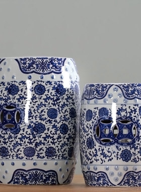 陶瓷手绘青d花瓷换鞋凳鼓凳梳妆凳子新中式仿古鼓墩坐墩矮凳圆凳