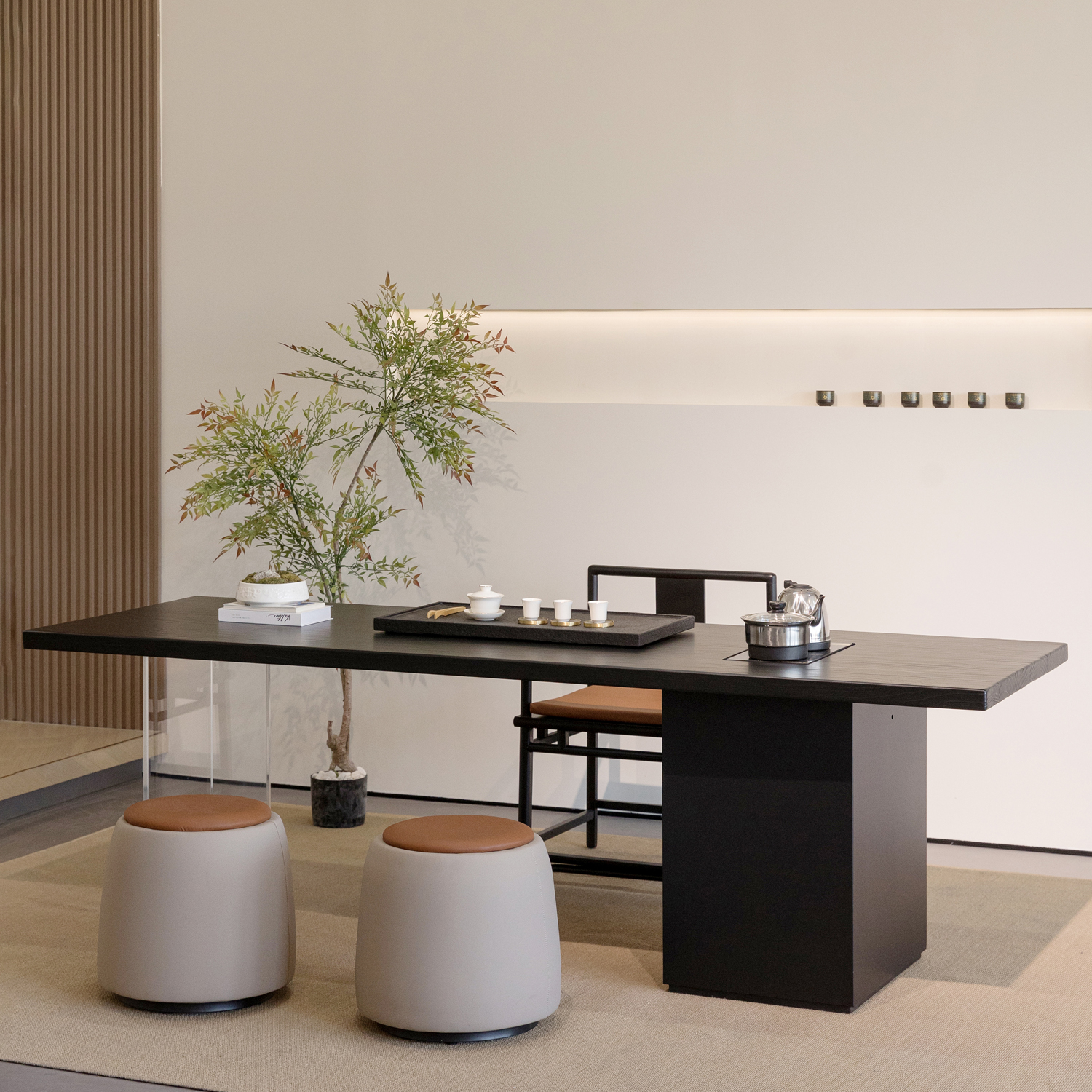 新中式实木茶桌椅组合家用小茶台黑色原木大板桌亚克力阳台小茶桌