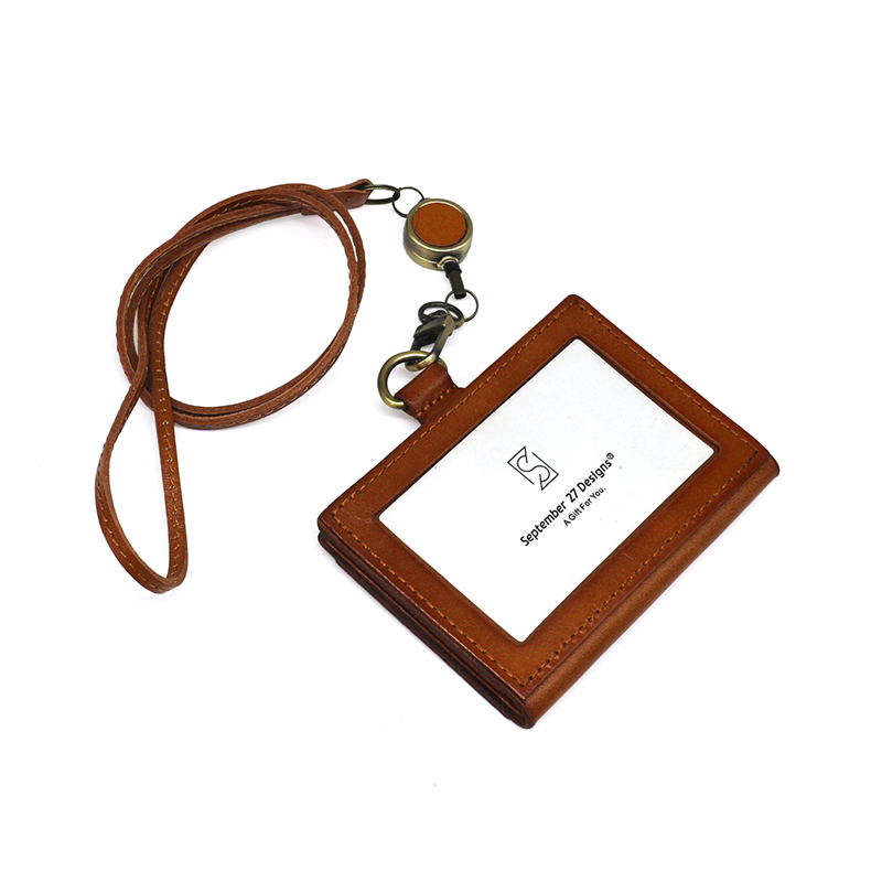 日韩植鞣牛皮工牌卡套复古真皮证件包刻字定做证件套挂颈绳零钱包