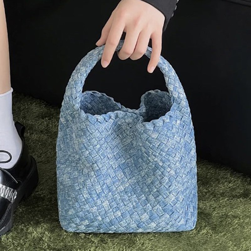 牛仔帆布编织包水桶包包女高级质感小众手提包链条斜挎菜篮子包女