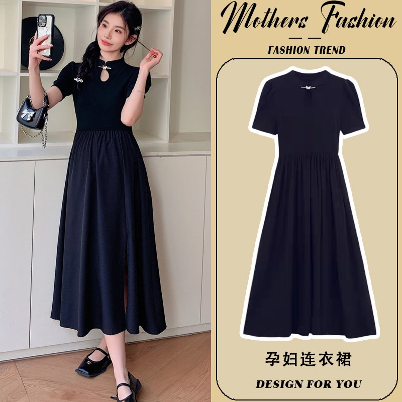 孕妇连衣裙夏季2025新款黑色新中式改良版短袖旗袍宽松显瘦中长款