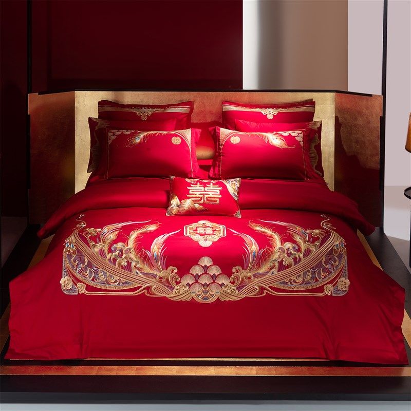 高档奢华全棉纯棉红色刺绣四件套结婚H被套陪嫁喜被新婚嫁房床品,床上用品,婚庆床品套件,淘宝优惠券,粉丝福利购,淘宝优惠卷